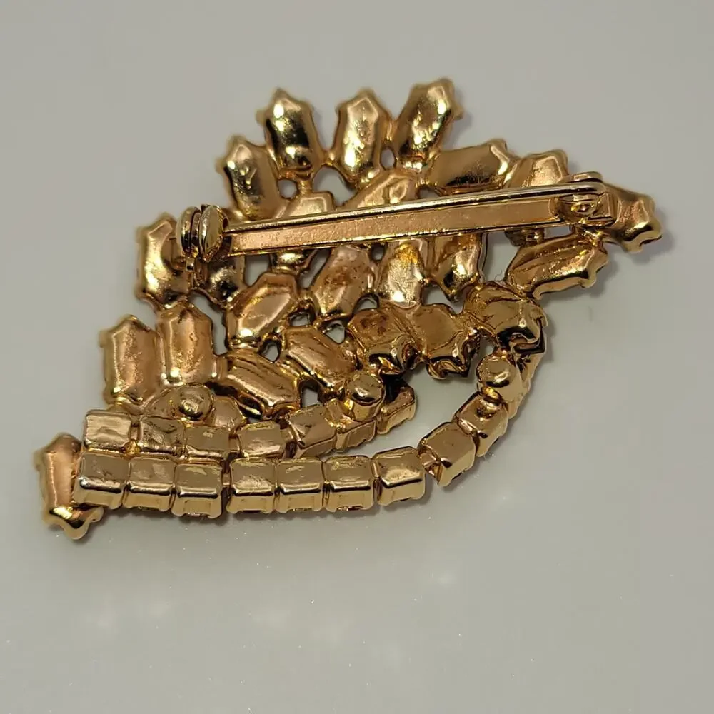 Vintage Gold-tone Red and Green Rhinestone Leaf Shaped Brooch